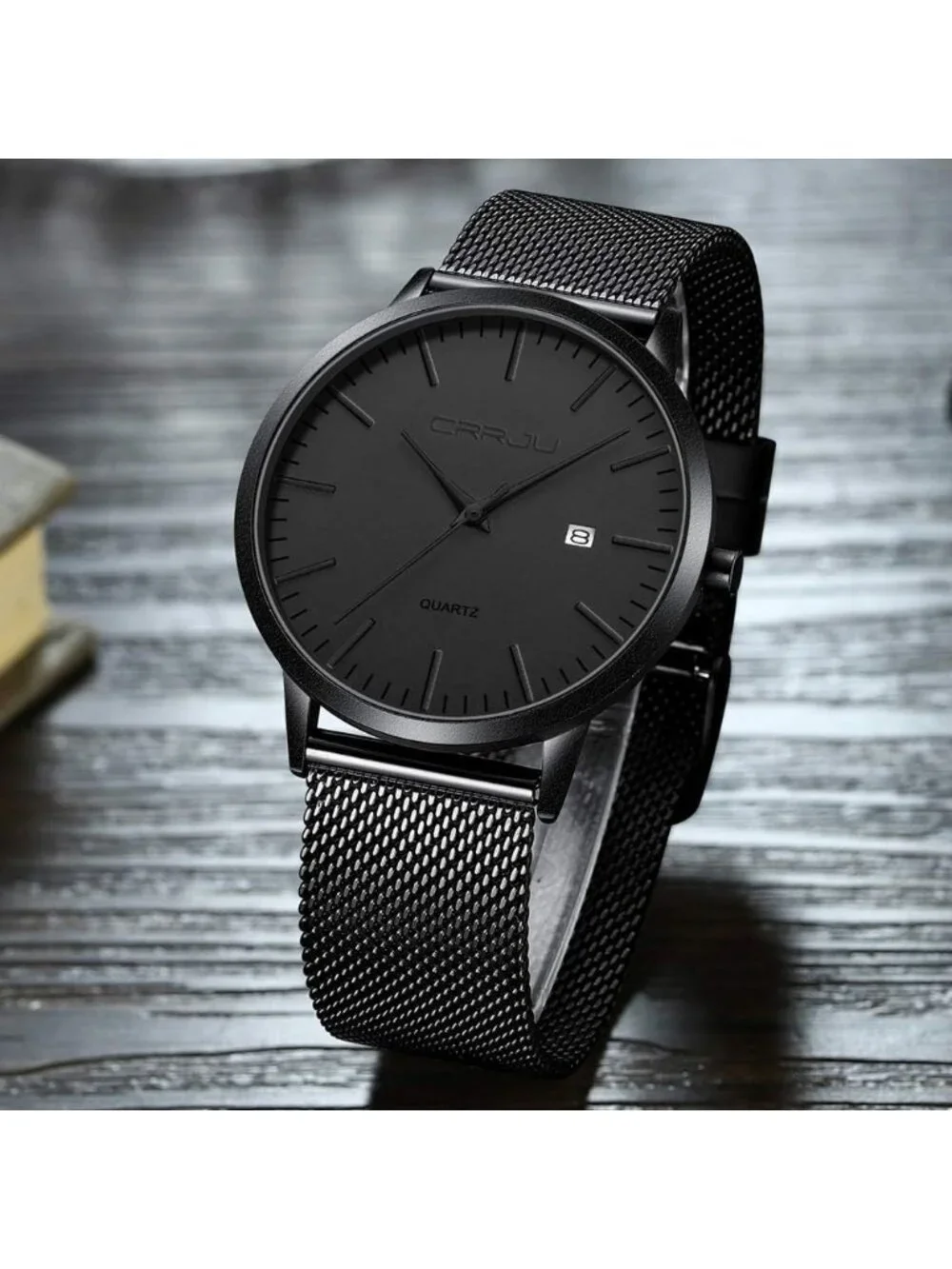 Men's Black Silver Minimalist Luxury Quartz Stainless Steel Band Wrist Watch